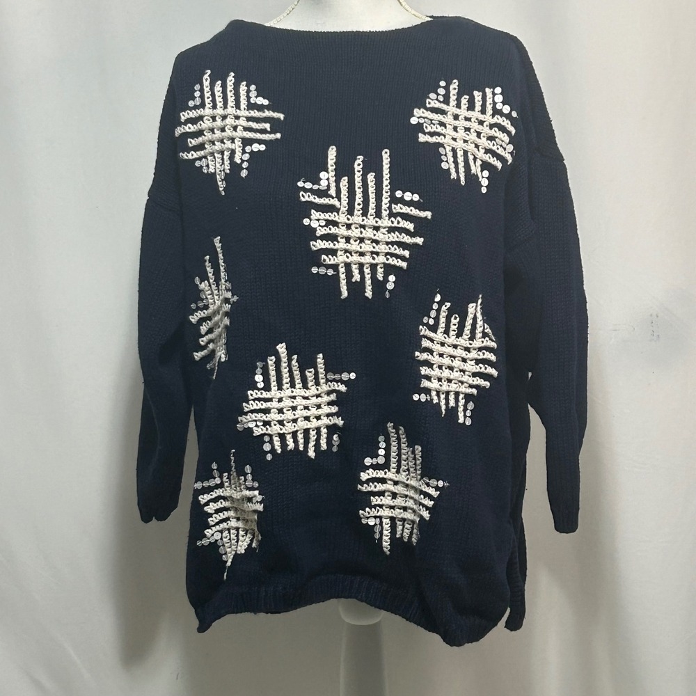 Carole Little Sport‎ Women's Knit Sweater M Blue Cream Sequin Embellished